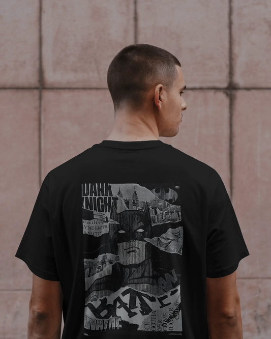 "Dark Knight" Gotham City Textured Back Print T-Shirt | Grayscale Comic Streetwear